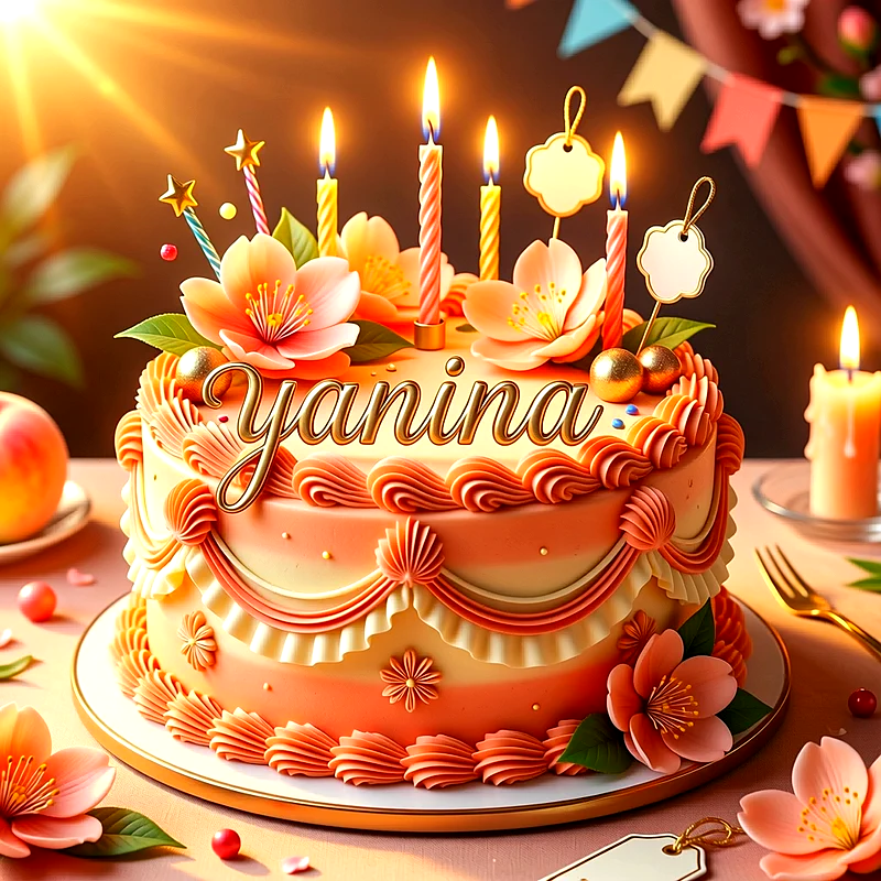 Tarta de cumpleaños en tonos melocotón y crema con flores rosas, velas encendidas y el nombre Yanina escrito en letras doradas al frente.