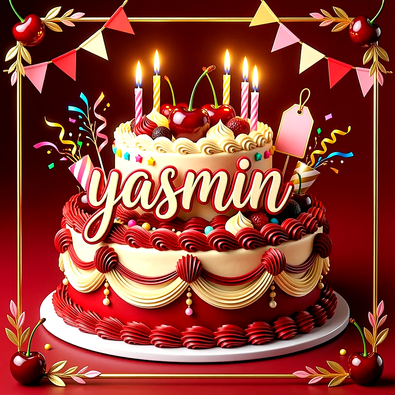 Tarta de cumpleaños de dos pisos en tonos crema y rojo con cerezas, velas encendidas y el nombre Yasmin al frente.