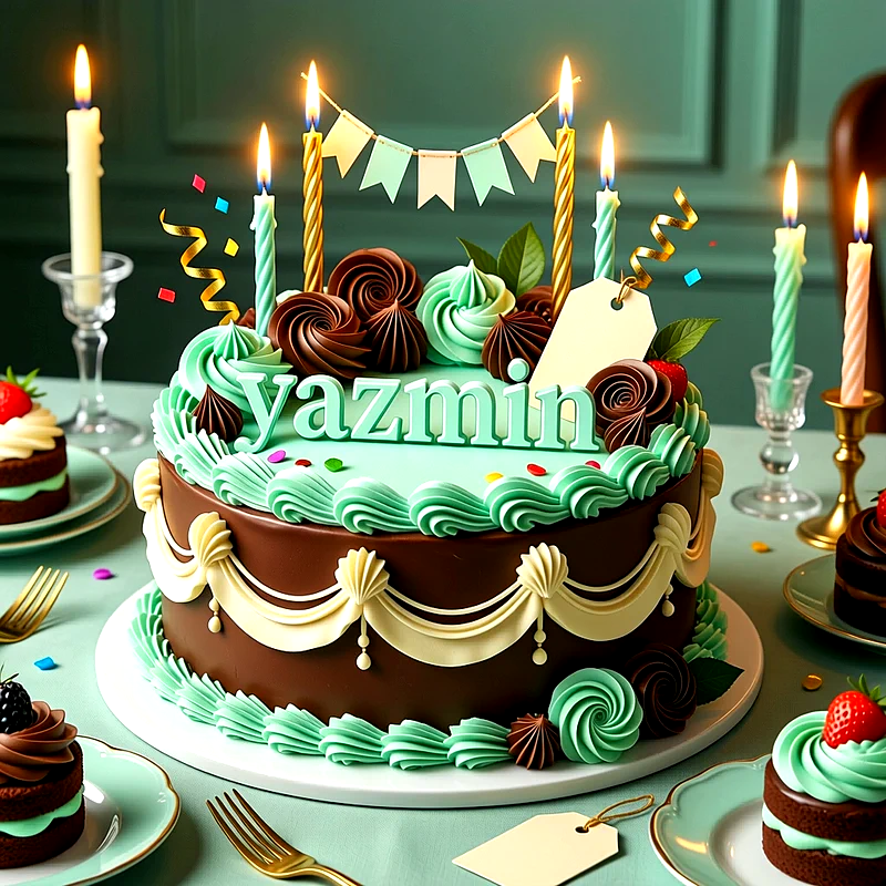 Tarta de cumpleaños de chocolate con crema verde menta, guirnaldas, velas encendidas y el nombre Yazmin escrito al frente.