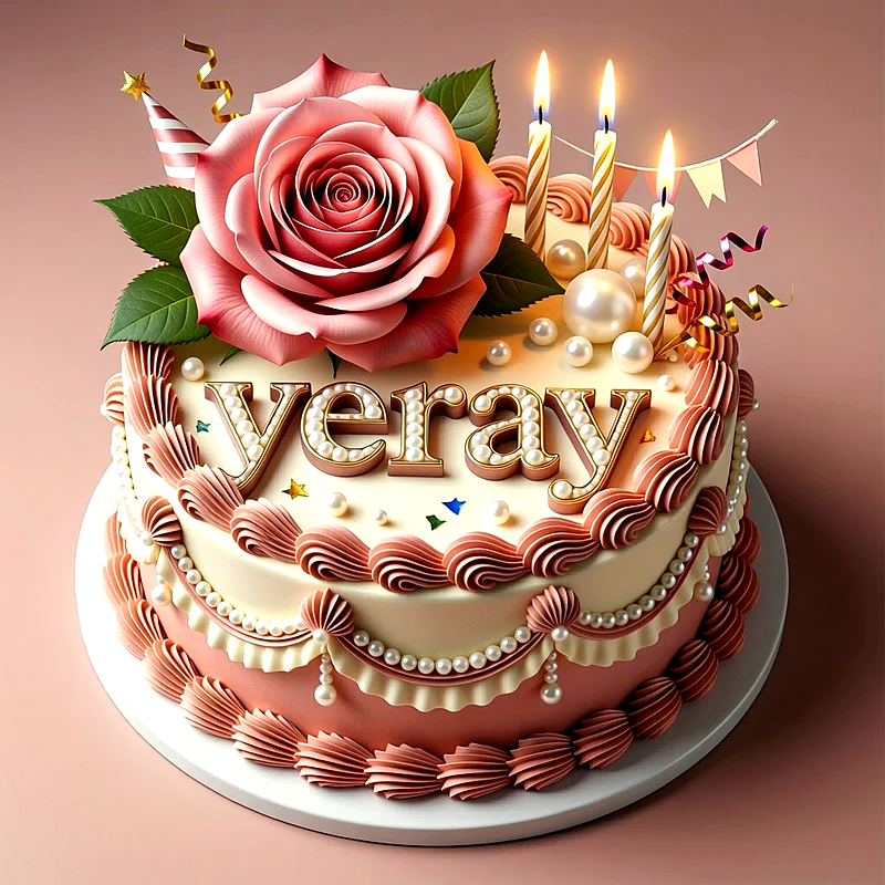 Tarta de cumpleaños de color rosa y blanco decorada con una gran rosa, perlas, velas encendidas y el nombre Yeray escrito en letras doradas.