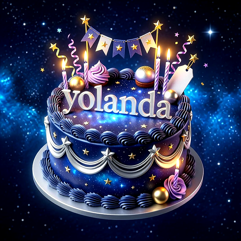 Tarta de cumpleaños de color azul oscuro decorada con estrellas doradas, velas encendidas, banderines y el nombre Yolanda en letras plateadas.