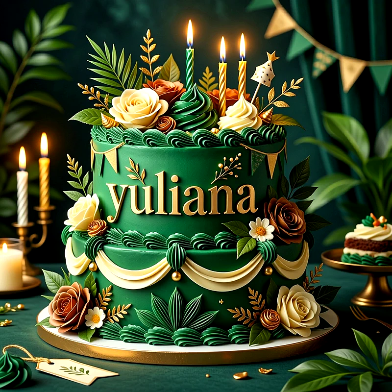 Tarta de cumpleaños de dos pisos en color verde decorada con flores blancas, rosas, hojas doradas, velas encendidas y el nombre Yuliana al frente.