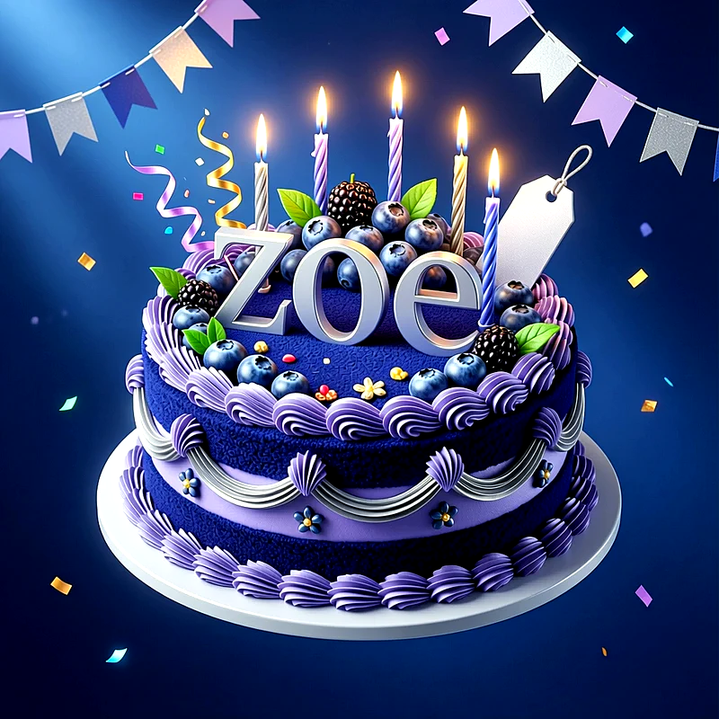Tarta de cumpleaños lila y azul decorada con moras, arándanos y velas encendidas, con el nombre Zoe en letras grandes plateadas.