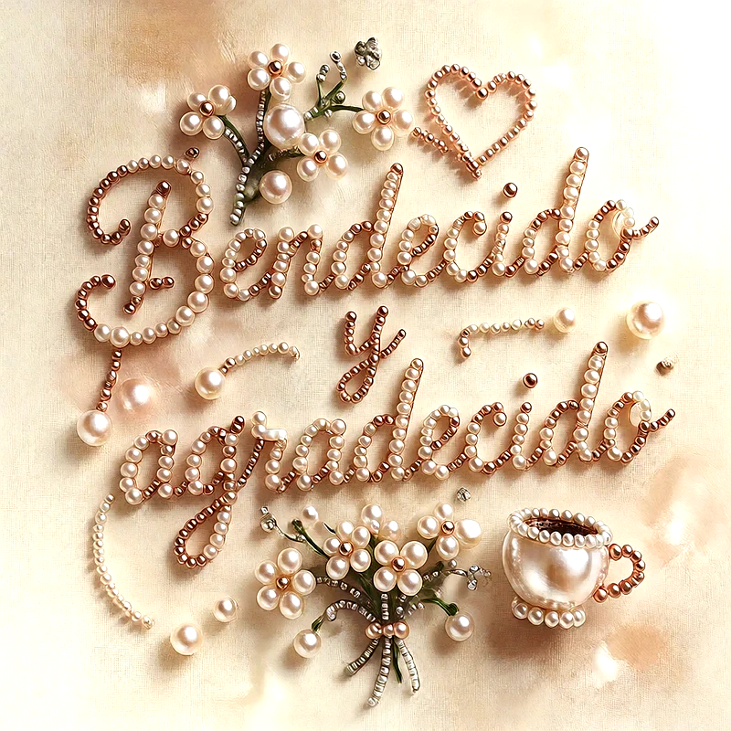 Texto Bendecido y agradecido elaborado con perlas y cuentas sobre fondo claro, decorado con flores de perlas, corazón y taza miniatura.
