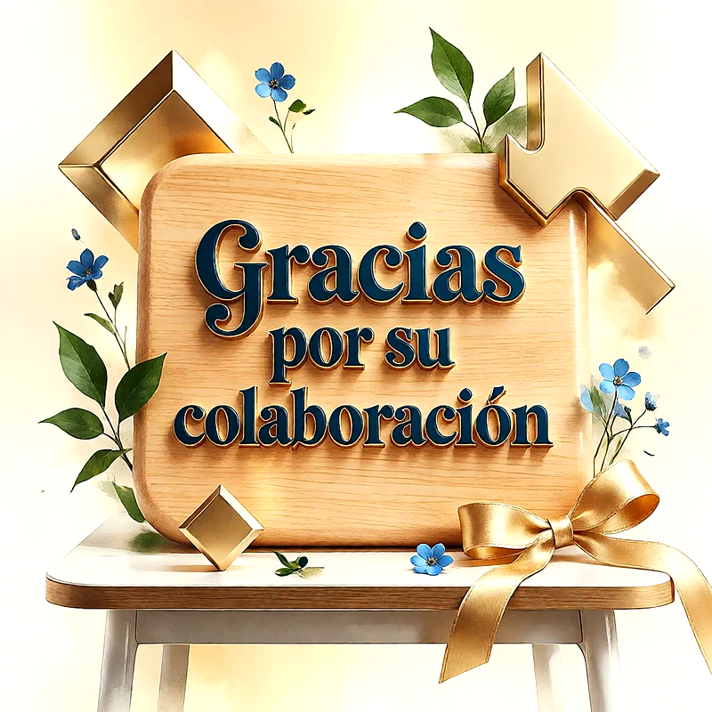 Cartel de madera con el texto Gracias por su colaboración en letras azules, decorado con flores azules y lazo dorado sobre mesa blanca.