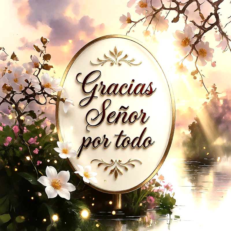 Óvalo dorado con el texto Gracias Señor por todo, rodeado de flores blancas y un lago al atardecer con luces brillantes.