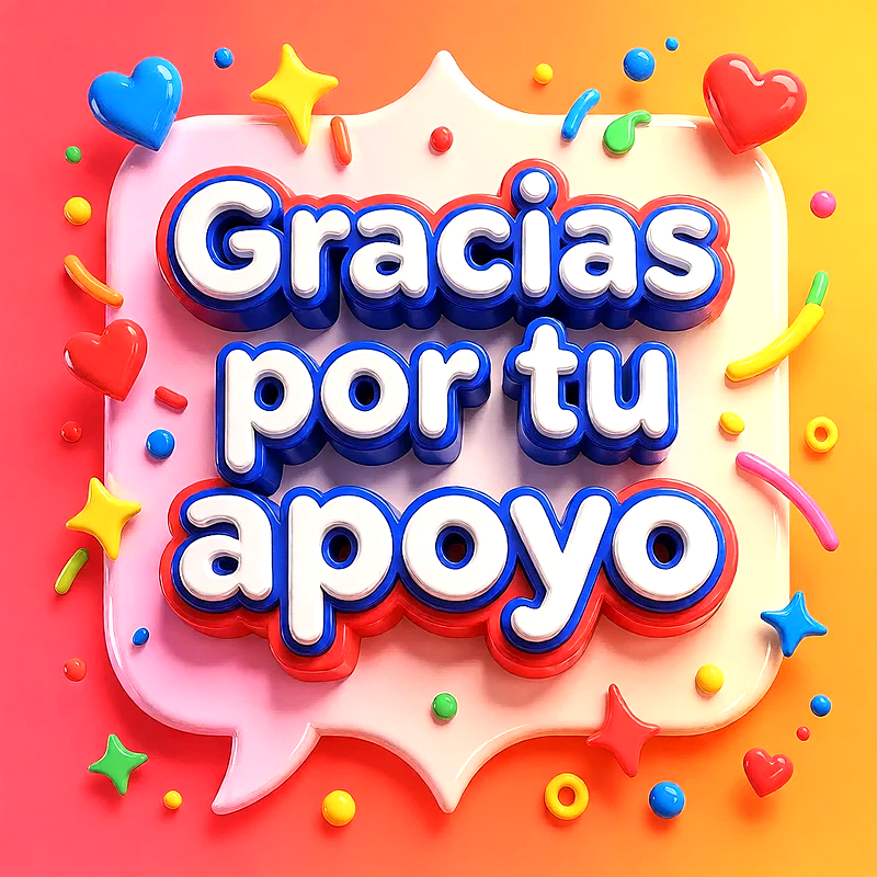 Texto tridimensional en azul y blanco sobre fondo de nubes rosas y naranjas, rodeado de corazones, estrellas y confeti plástico brillante.