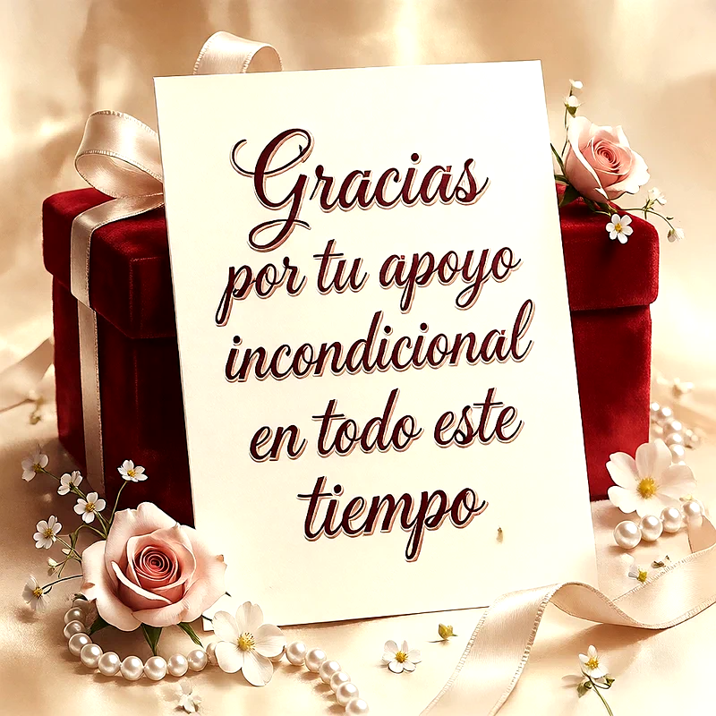 Tarjeta de agradecimiento sobre caja roja de terciopelo con rosa y perlas, texto elegante en marrón oscuro.