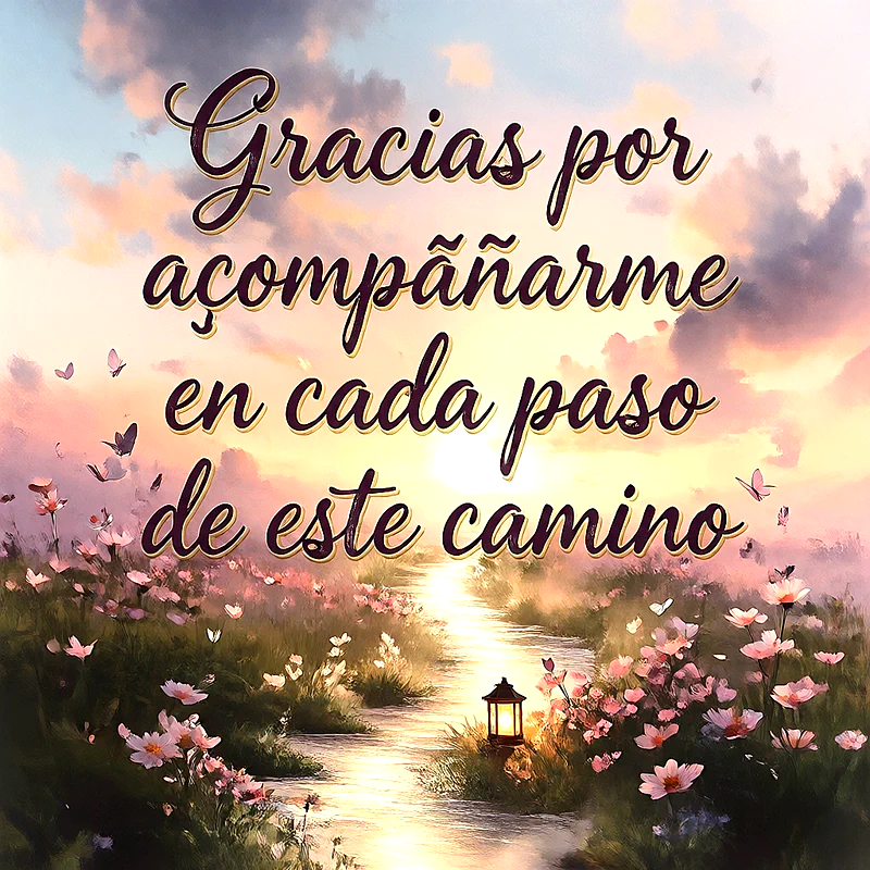 Imagen de agradecimiento con un sendero brillante entre flores rosas y mariposas, bajo un atardecer. Presenta el texto "Gracias por acompañarme en cada paso de este camino".