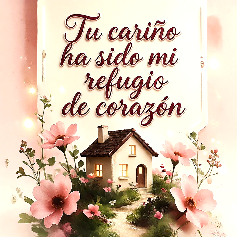 Ilustración de una pequeña casa acogedora con luz en las ventanas, rodeada de delicadas flores rosadas y vegetación. Incluye el texto 'Tu cariño ha sido mi refugio de corazón' en letras cursivas.