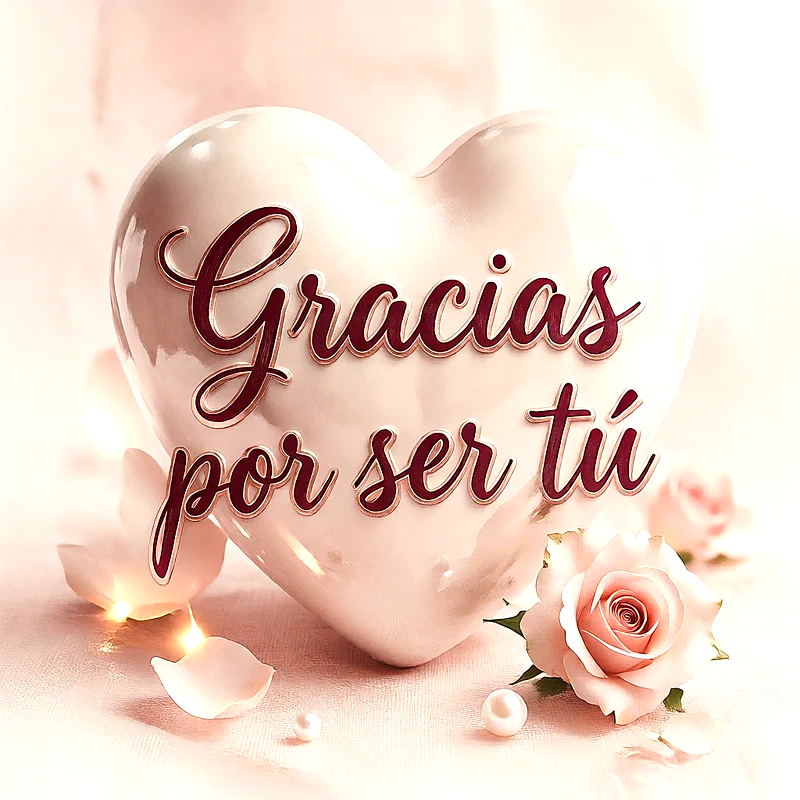 Corazón brillante color crema sobre fondo rosado con una rosa del mismo tono, texto en caligrafía maroon que dice Gracias por ser tú, perlas pequeñas y pétalos sueltos.