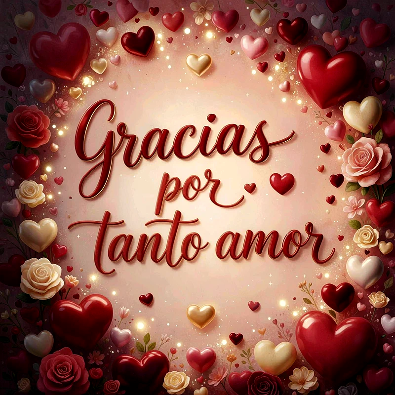 Texto de gracias por tanto amor en letras rojas metálicas sobre fondo rosa suave con corazones 3D y rosas.