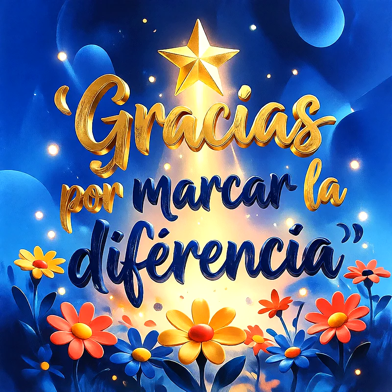 Tarjeta azul con texto dorado Gracias por marcar la diferencia, estrella brillante y flores de colores en la parte inferior.