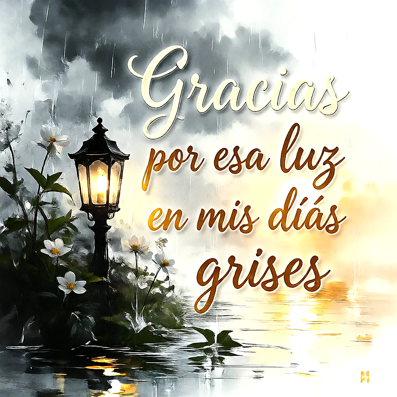 Lámpara de calle encendida a la orilla del agua con flores blancas y cielo nublado con lluvia, texto que dice Gracias por esa luz en mis días grises.
