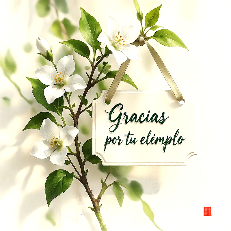 Rama con flores blancas y hojas verdes, texto central Gracias por tu ejemplo en caligrafía verde sobre fondo claro.