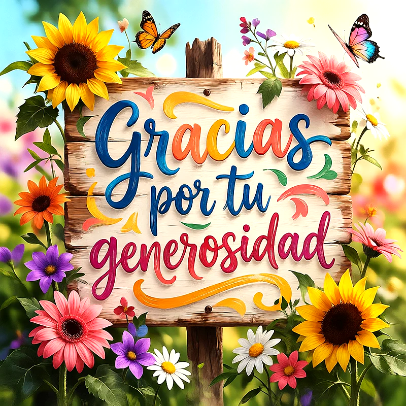 Letrero de madera con la frase 'Gracias por tu generosidad' en letras coloridas, rodeado de girasoles, gerberas, margaritas y mariposas en un entorno natural vibrante y soleado.