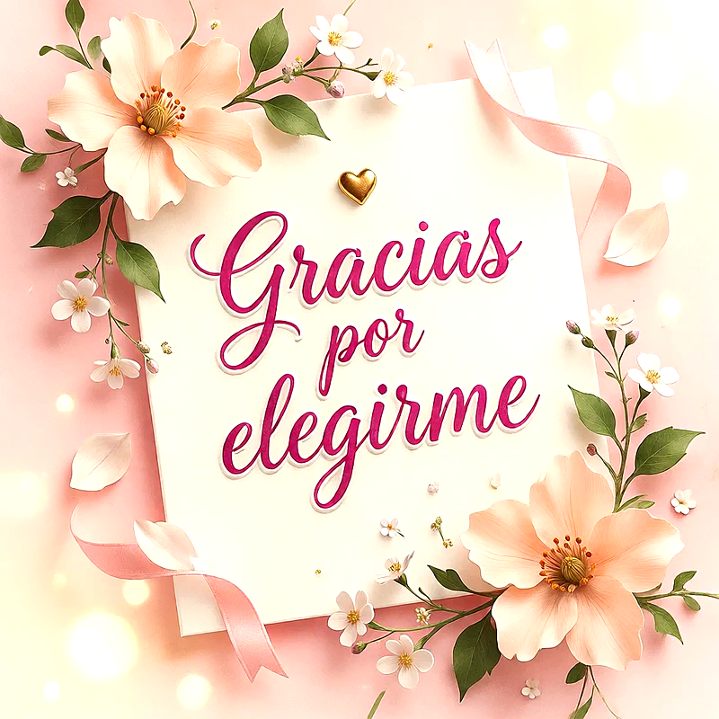 Tarjeta blanca con el texto 'Gracias por elegirme' en letras fucsia cursivas, decorada con flores melocotón, pequeñas flores blancas, hojas verdes y lazos rosas.