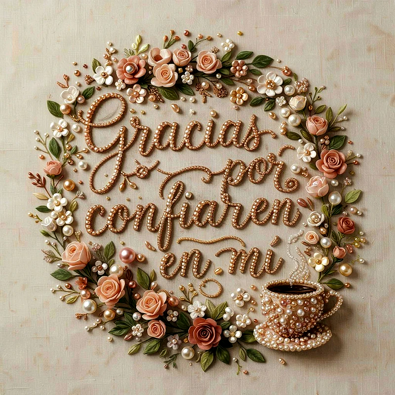 Taza de café adornada con perlas y coronada por rosas color durazno y flores blancas, texto Gracias por confiar en mi en caligrafía de perlas doradas.