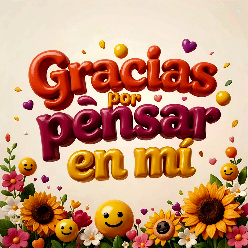 Imagen con texto 3D que dice Gracias por pensar en mí, decorada con girasoles grandes, flores pequeñas de colores, corazones flotantes y caritas sonrientes sobre fondo claro.
