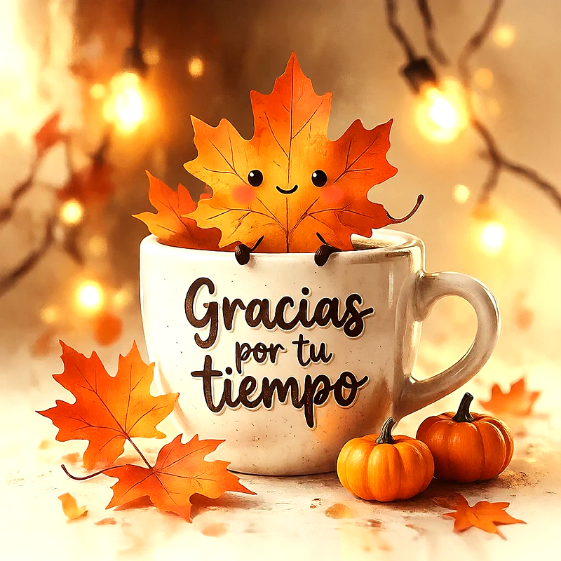 Imagen de agradecimiento con una hoja de arce sonriente asomándose de una taza blanca. Incluye calabazas pequeñas y hojas otoñales en colores cálidos. El texto dice 'Gracias por tu tiempo'.