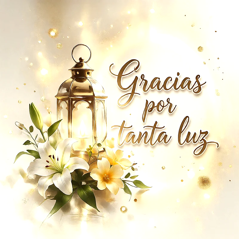 Lámpara dorada encendida con flores blancas y amarillas, fondo luminoso con luz suave y efecto bokeh, texto que dice gracias por tanta luz en letras doradas.