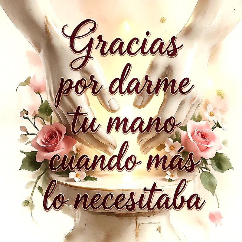 Imagen de agradecimiento con dos manos esculpidas y flores rosadas y blancas. El texto en letras cursivas rojas dice 'Gracias por darme tu mano cuando más lo necesitaba'.