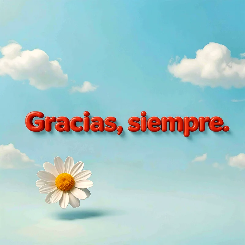 Margarita blanca con centro amarillo flotando sobre cielo azul claro con nubes blancas, texto rojo en relieve que dice Gracias siempre.