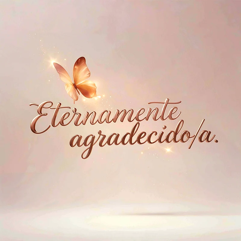 Imagen de agradecimiento con una mariposa brillante de color rose gold. El texto en relieve dice 'Eternamente agradecido/a' sobre un fondo degradado rosado y beige. Ambiente cálido y elegante.