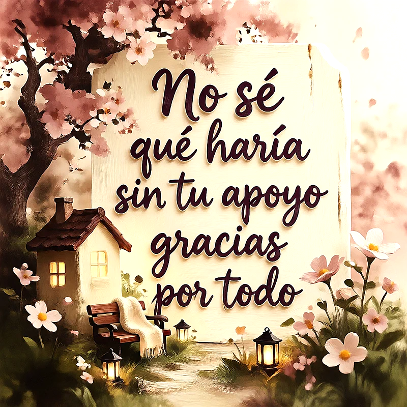 Ilustración de agradecimiento con mensaje 'No sé qué haría sin tu apoyo gracias por todo' en tarjeta blanca. Rodeada de árbol en flor, casita, banco y farolillos, en ambiente sereno.