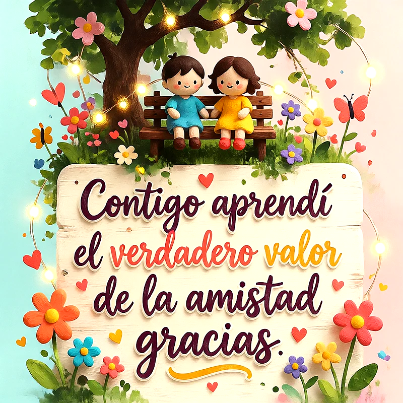 Ilustración de niños en un banco bajo un árbol con luces, flores coloridas y un texto sobre la amistad y el agradecimiento.