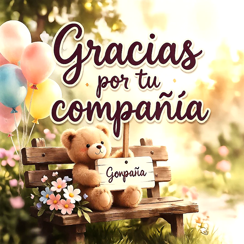 Oso de peluche marrón sentado en un banco de madera con un cartel de gracias, balones coloridos y flores al lado.