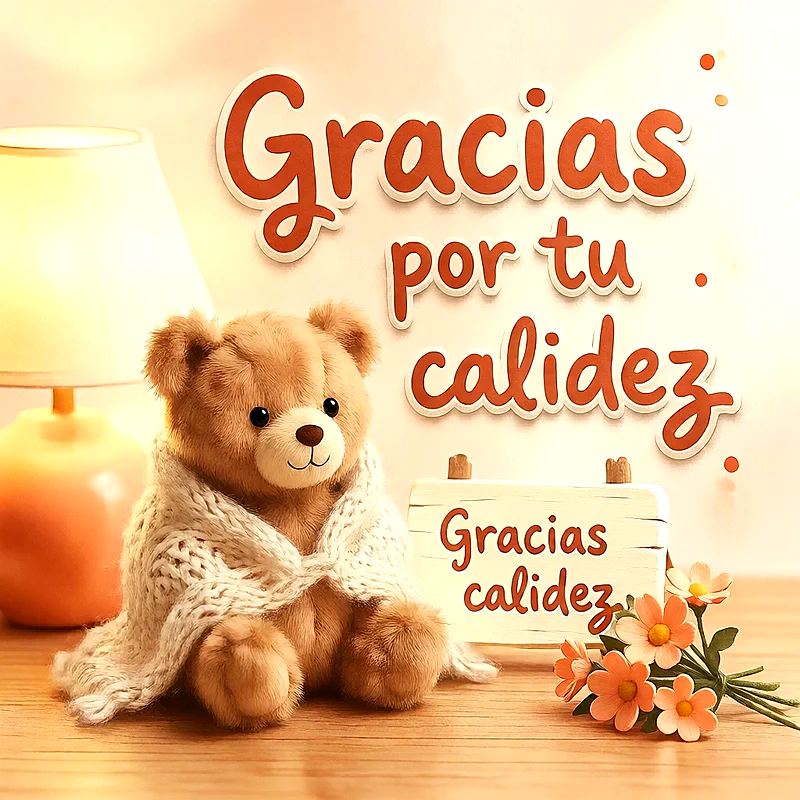 Osito de peluche marrón con bufanda tejida beige sentado junto a una luminaria cálida y un letrero de madera con flores naranjas sobre fondo suave.
