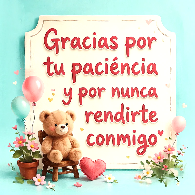 Osito de peluche sentado en silla con globos, flores y un corazón rosa. Texto de agradecimiento en rojo: 'Gracias por tu paciencia y por nunca rendirte conmigo'.