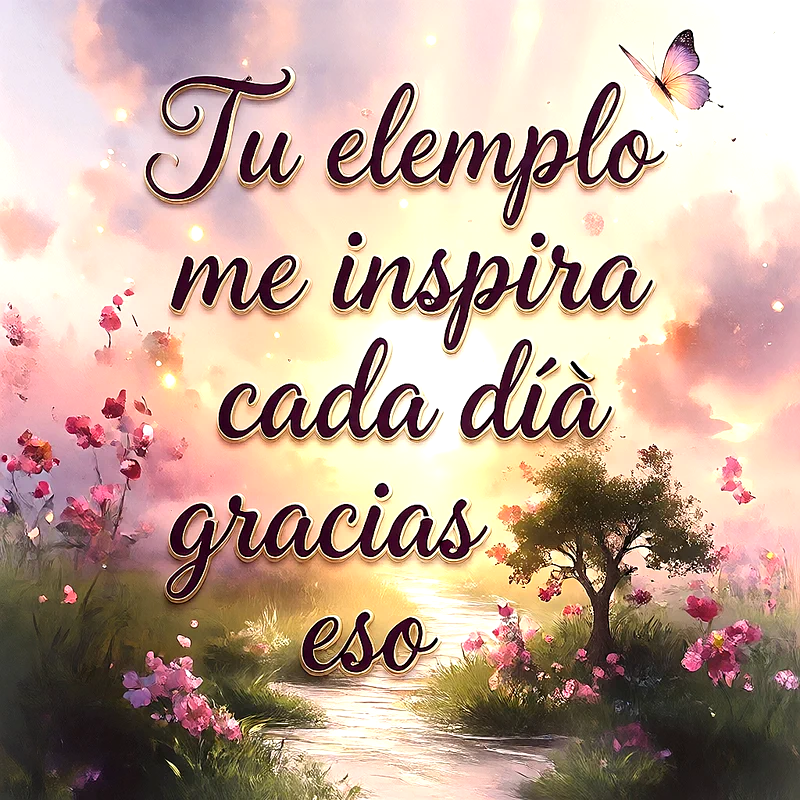 Paisaje pintado con atardecer dorado, arbol solitario, flores rosas y mariposa. Texto manuscrito café que dice Tu ejemplo me inspira cada día.