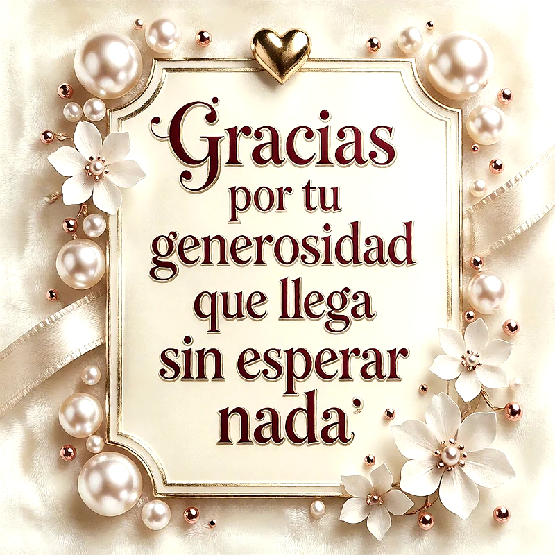 Marco dorado ornamental sobre fondo de seda beige, decorado con perlas blancas, esferas de cobre y flores blancas, texto en maroon.