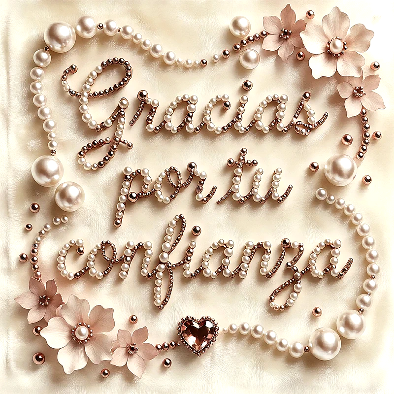 Texto 'Gracias por tu confianza' formado con perlas y cuentas doradas, rodeado por un marco de perlas, flores rosadas y un corazón de gemas. Fondo suave en tonos beige.