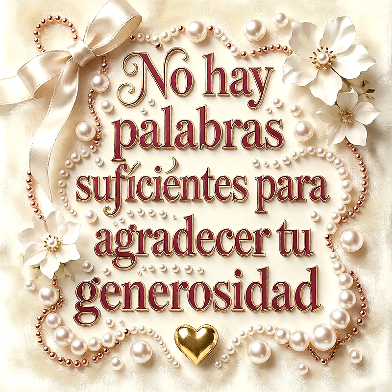 Imagen de agradecimiento con texto "No hay palabras suficientes para agradecer tu generosidad" en letras color burdeos con bordes dorados. Adornada con perlas blancas, lazo crema, flores y un corazón dorado.