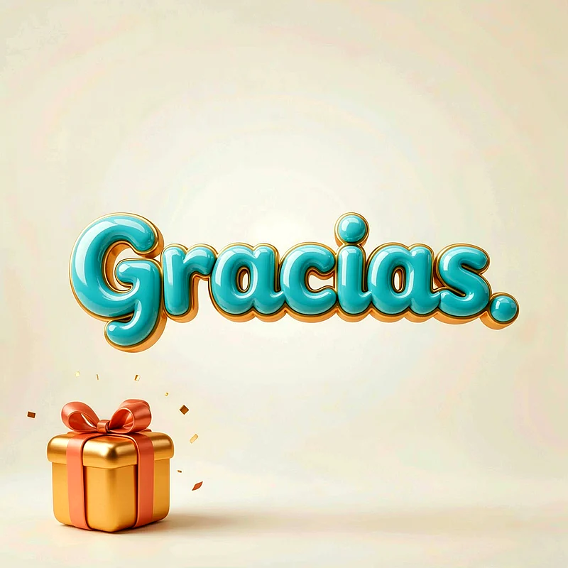 Imagen 3D de la palabra 'Gracias.' en letras turquesa brillante con borde dorado. Abajo, un regalo dorado con lazo naranja y confeti disperso sobre fondo beige claro. Ideal para expresar gratitud.