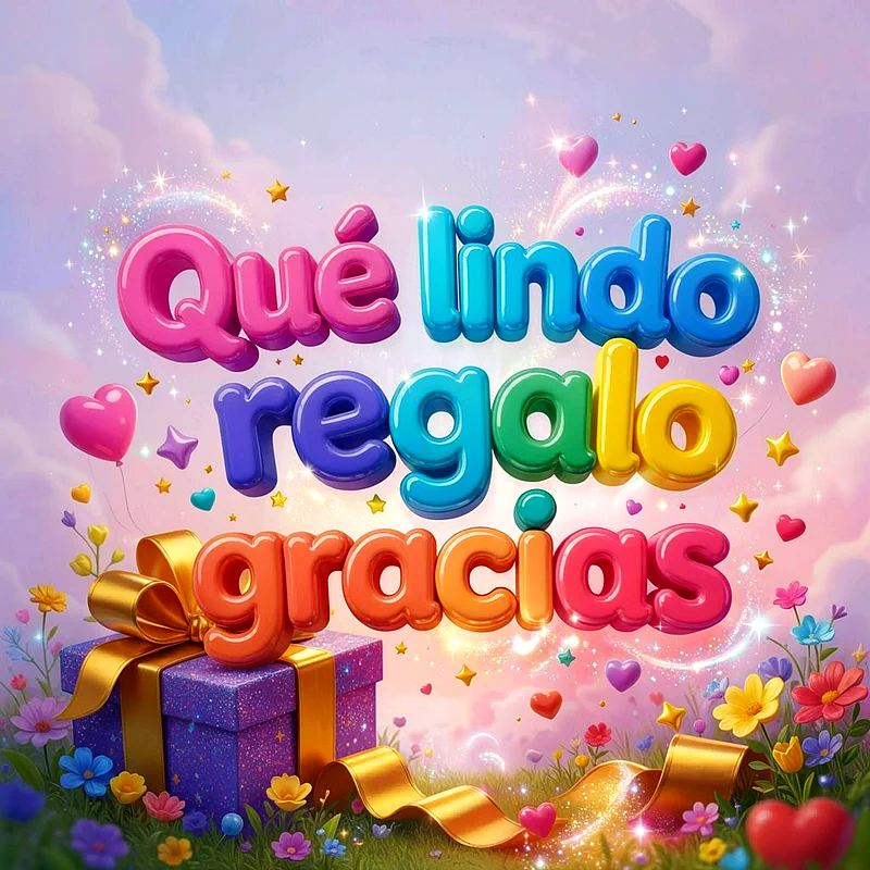 Texto 3D de colores vibrantes "Qué lindo regalo gracias" sobre un fondo de cielo pastel. Incluye una caja de regalo morada con lazo dorado y un campo de flores variadas con corazones y estrellas flotando.