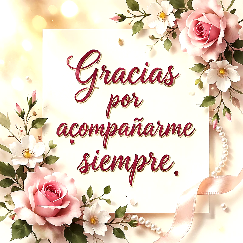 Tarjeta de agradecimiento floral con el texto 'Gracias por acompañarme siempre' en letras rojas y doradas. Rosas rosadas, flores blancas, hojas verdes y perlas decoran los bordes de la imagen.
