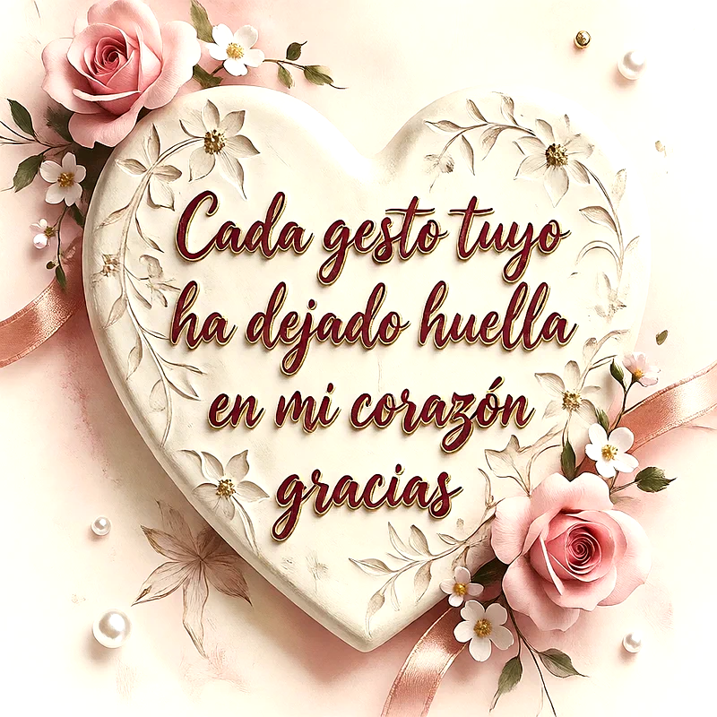 Corazón beige tallado con flores blancas y rosas rosadas, texto elegante en rojo bordeaux que dice gracias sobre fondo pastel.