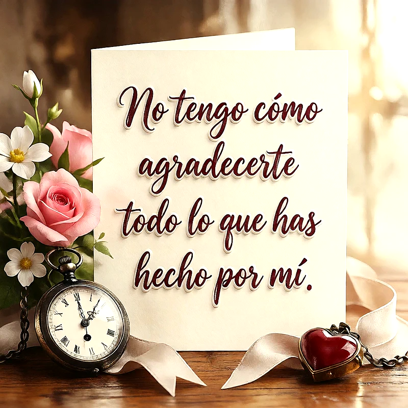 Tarjeta de agradecimiento blanca con texto 'No tengo cómo agradecerte todo lo que has hecho por mí'. Acompañada de rosas rosadas, un reloj antiguo y un colgante de corazón rojo sobre madera.