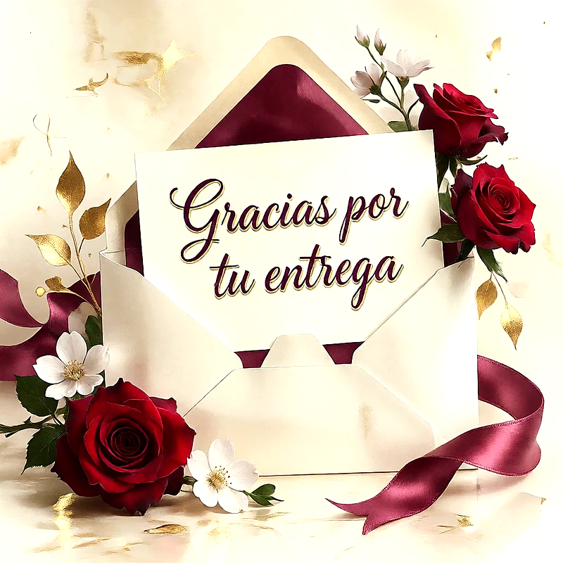 Sobre blanco abierto con rosa burdeos interior y una tarjeta que dice Gracias por tu entrega. Flores rojas y blancas con detalles dorados y fondo beige.