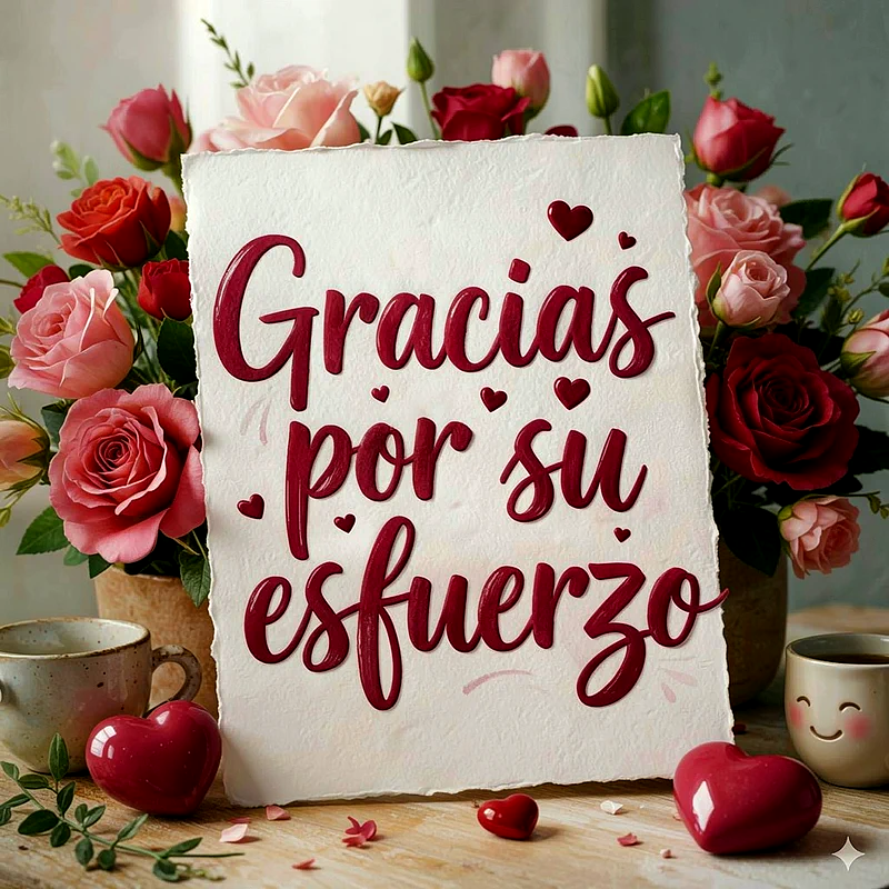 Tarjeta blanca de papel artesanal con la frase Gracias por su esfuerzo en letras 3D de color rojo intenso, rodeada de rosas rojas, corales y rosas pálidas, con coronitas rojas y tazas.