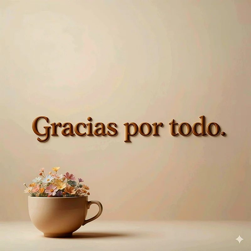 Taza cerámica beige con ramillete de flores multicolor sobre fondo liso crema, texto dorado que dice Gracias por todo en caligrafía.