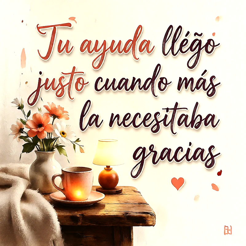 Cuadro de agradecimiento con texto manuscrito, taza de café, florero con flores naranjas y vela sobre mesa de madera.