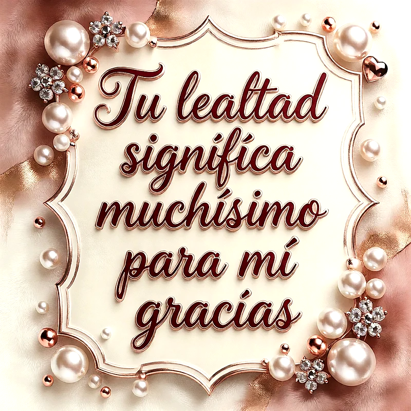 Marco ornamental dorado con perlas y cristales, texto de agradecimiento en caligrafía roja sobre fondo beige suave.