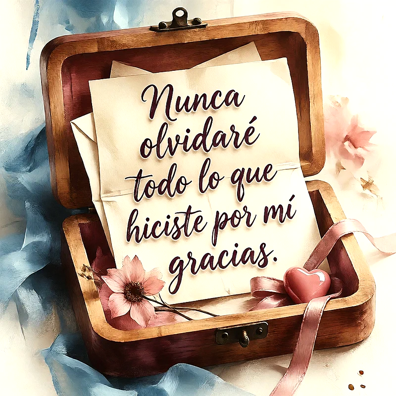 Caja de madera abierta con una carta manuscrita, una flor rosa seca y un corazoncito de rosa. Texto que dice Nunca olvidaré todo lo que hiciste por mí gracias.
