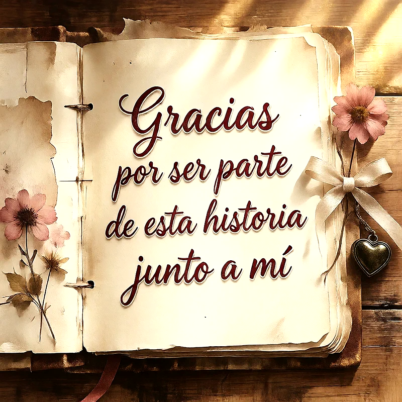 Libro antiguo abierto sobre madera con flores rosas, un lazo blanco y una colgante de corazón, con texto elegante en rojo oscuro que dice gracias por ser parte de esta historia.