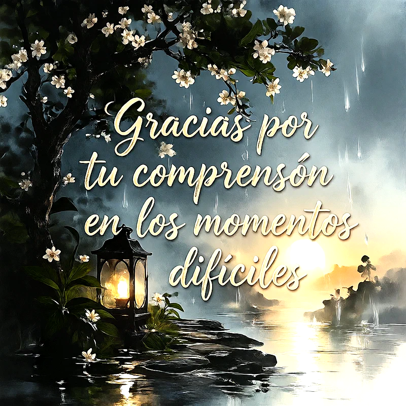 Farol encendido y rama de flores blancas sobre agua con lluvia dorada, texto a manuscrita dorada que dice Gracias por tu comprensión en los momentos difíciles.